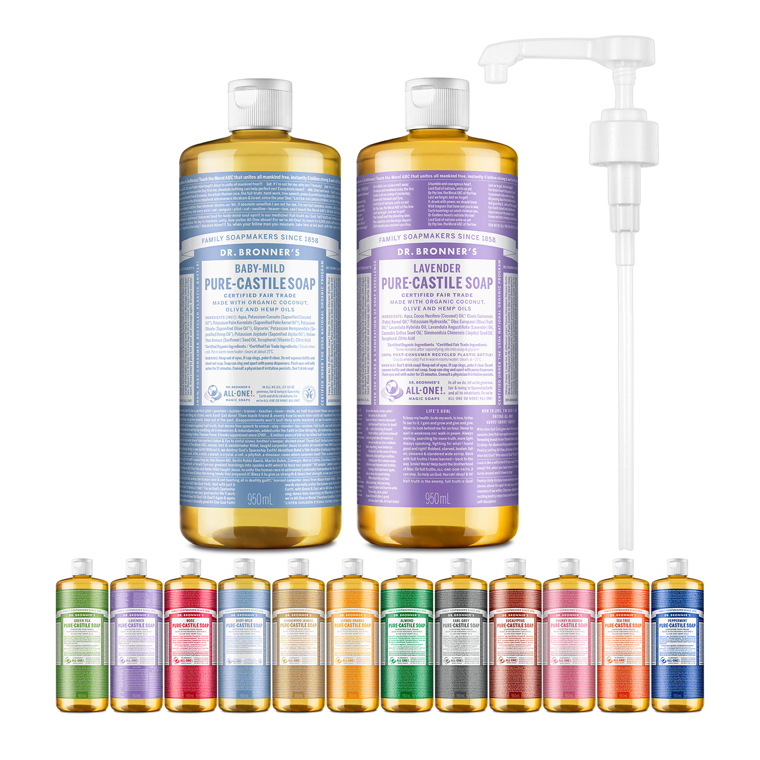 닥터브로너스 캐스틸 솝 950ml 2개+전용펌프 1개증정
